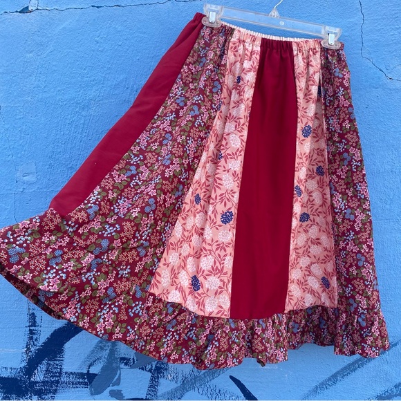 Vintage peasant gypsy Floral Patchwork Midi Skirt with sash floral and lace - Picture 12 of 15